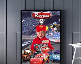 Póster de cumpleaños de Cars personalizado con foto – Letrero de fiesta personalizado de Rayo McQueen – Decoración de cumpleaños para niños – Póster de cumpleaños de Cars