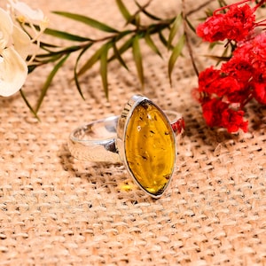 Natural Honey Baltic Amber Silver Ring, 925 Silver Ring, Elegant Silver Ring, Silver Dainty Ring, Birthday Gift, Gemstone Woman Ring H-SR85