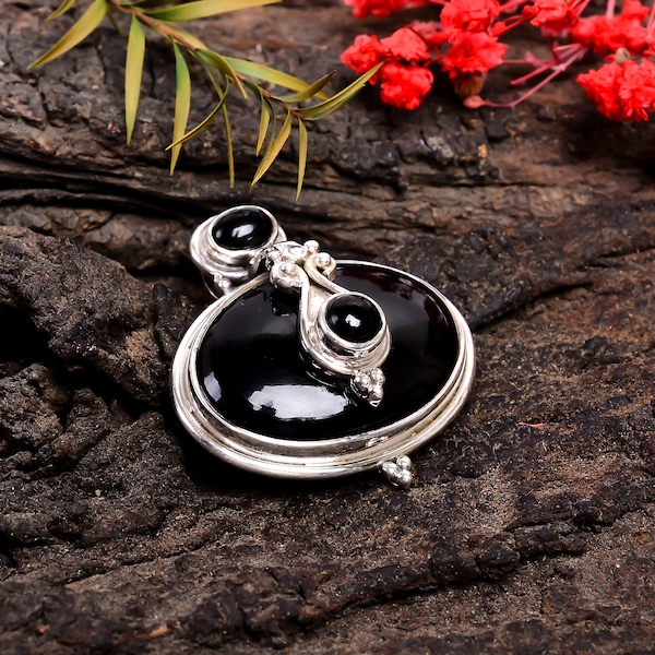 Black Onyx Gemstone Handmade 925 Sterling Silver Jewelry Pendant, Natural Black Onyx Jewelry, Bohemain Mother's Day Gift, H-SP53