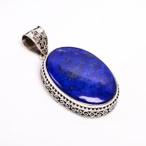 Natural 925 Solid Silver Lapis Lazuli Pendant—Boho Vintage Style, Blue Gemstone Jewelry for Women, Healing Crystal Designer Pendant H-SP30