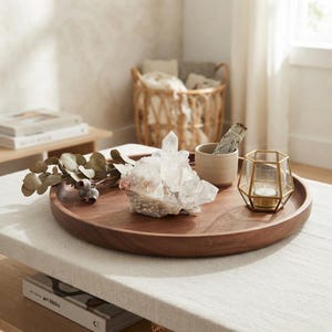 May include: A round, dark brown wooden tray holding a large, clear quartz crystal cluster, a small beige ceramic cup containing a sage bundle, a geometric gold-toned metal candle holder with a white tea light, and a sprig of dried eucalyptus.