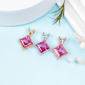 AAA+ Natural Pink Topaz 8mm Square Gemstone Pendant, 925 Sterling Silver Jewelry Pendant for Gift