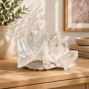 Pode incluir: Um grande grupo de cristais de quartzo transparente com múltiplas formações cristalinas translúcidas e pontiagudas que surgem de uma base rochosa texturizada de cor clara. O espécime mineral exibe facetas naturais.