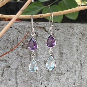 Amethyst & Blue Topaz Earrings: Sterling Silver Gemstone Dangle Drop