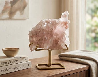 May include: A large, pale pink rose quartz crystal cluster is displayed on a gold-toned metal stand. The stand features a square base and two upward-curving arms that support the irregular, multifaceted mineral specimen securely.