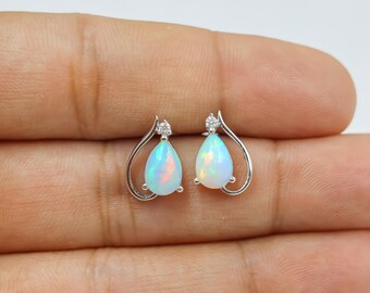 Pendientes de plata de ley con ópalo blanco de fuego, joyería de piedra natal de octubre