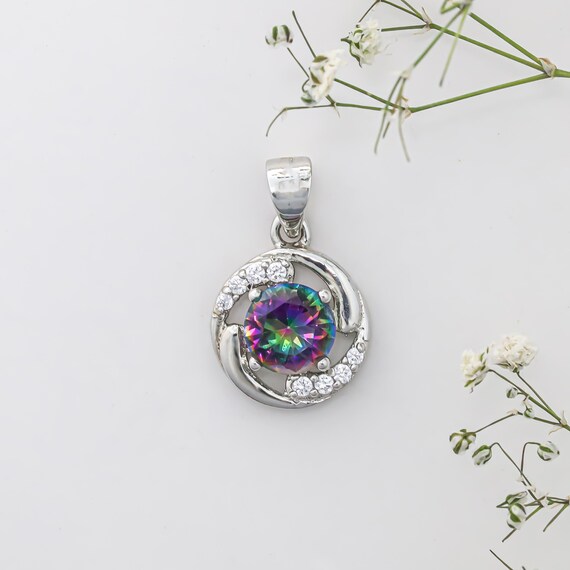 Mystic Quartz With White Zircon Pendant, Dainty Necklace, Rainbow