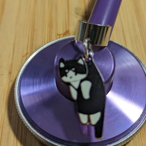 May include: A purple stethoscope with a silver charm of a black and white cat hanging from it.