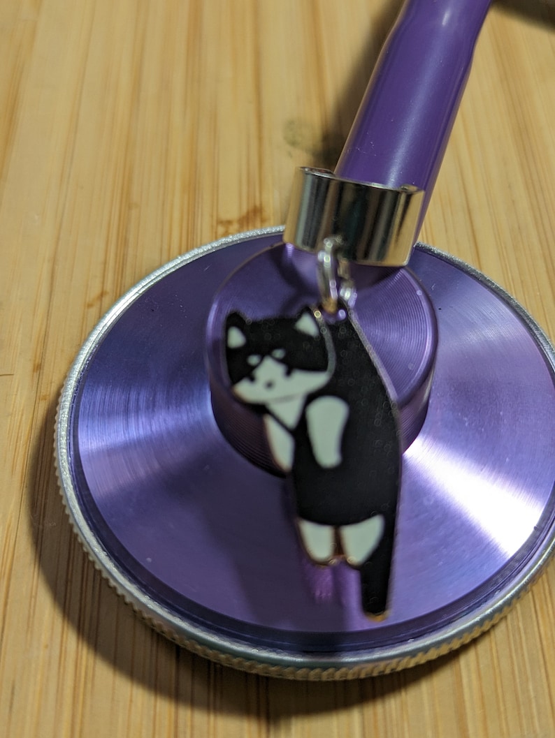May include: A purple stethoscope with a silver charm of a black and white cat hanging from it.
