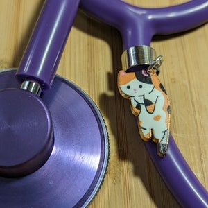 May include: Purple stethoscope with a cat charm attached. The charm is a cartoon cat with orange, black, and white fur.