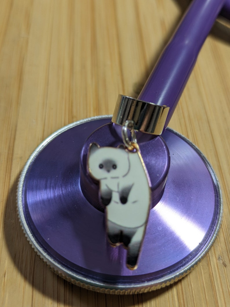 May include: Purple stethoscope with a silver charm attached. The charm is a cartoon white cat with black eyes.