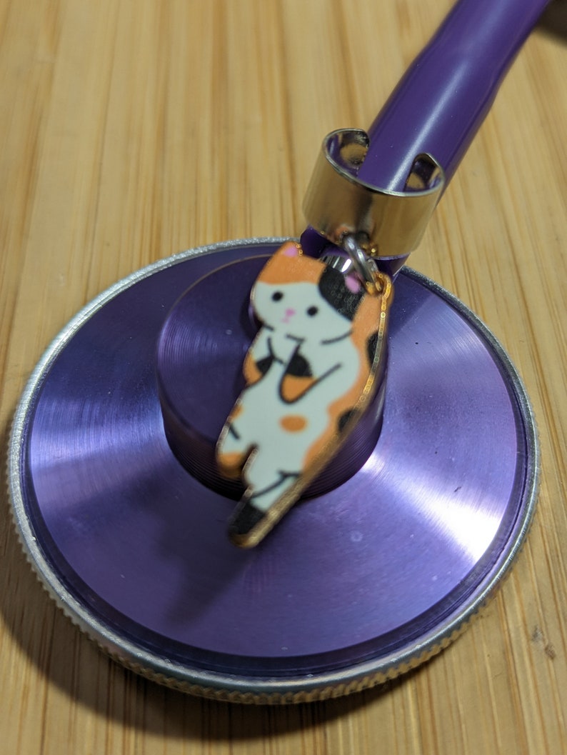 May include: Purple stethoscope with a silver ring and a charm of a cartoon cat with orange, black, and white markings.
