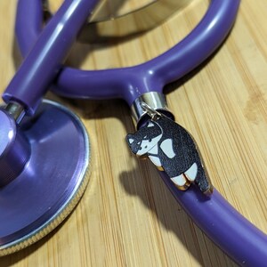 May include: Purple stethoscope with a black and white wooden cat charm attached to it. The stethoscope is lying on a wooden surface.