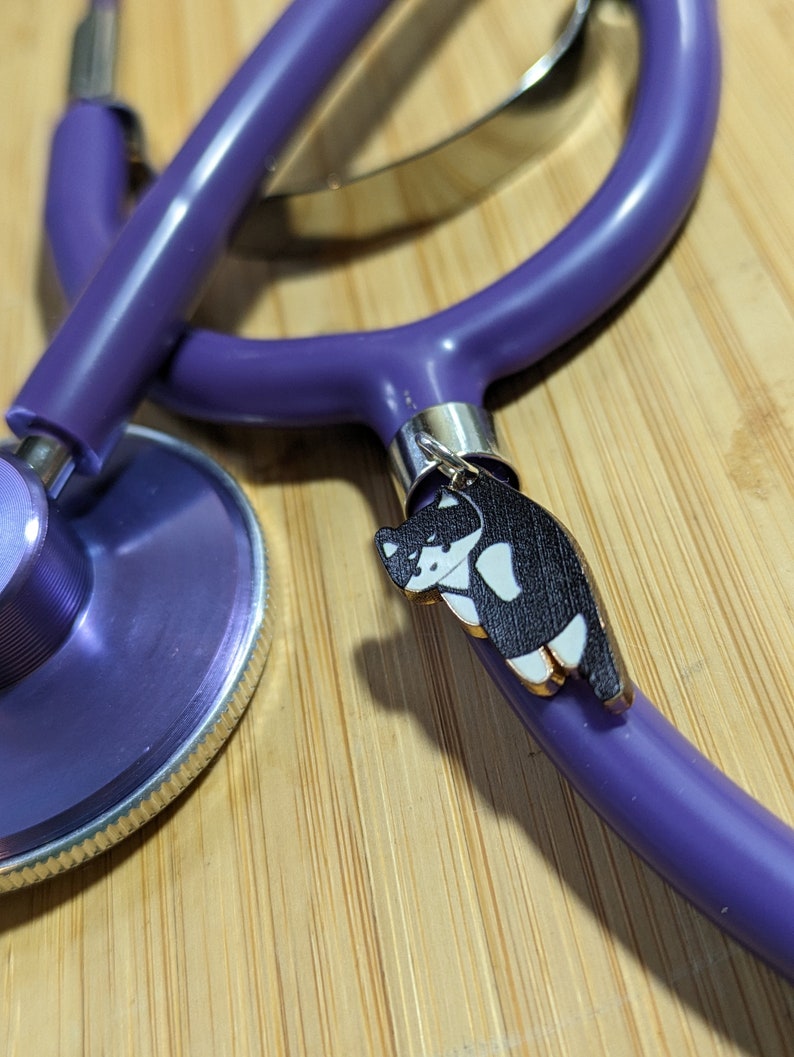 May include: Purple stethoscope with a black and white wooden cat charm attached to it. The stethoscope is lying on a wooden surface.
