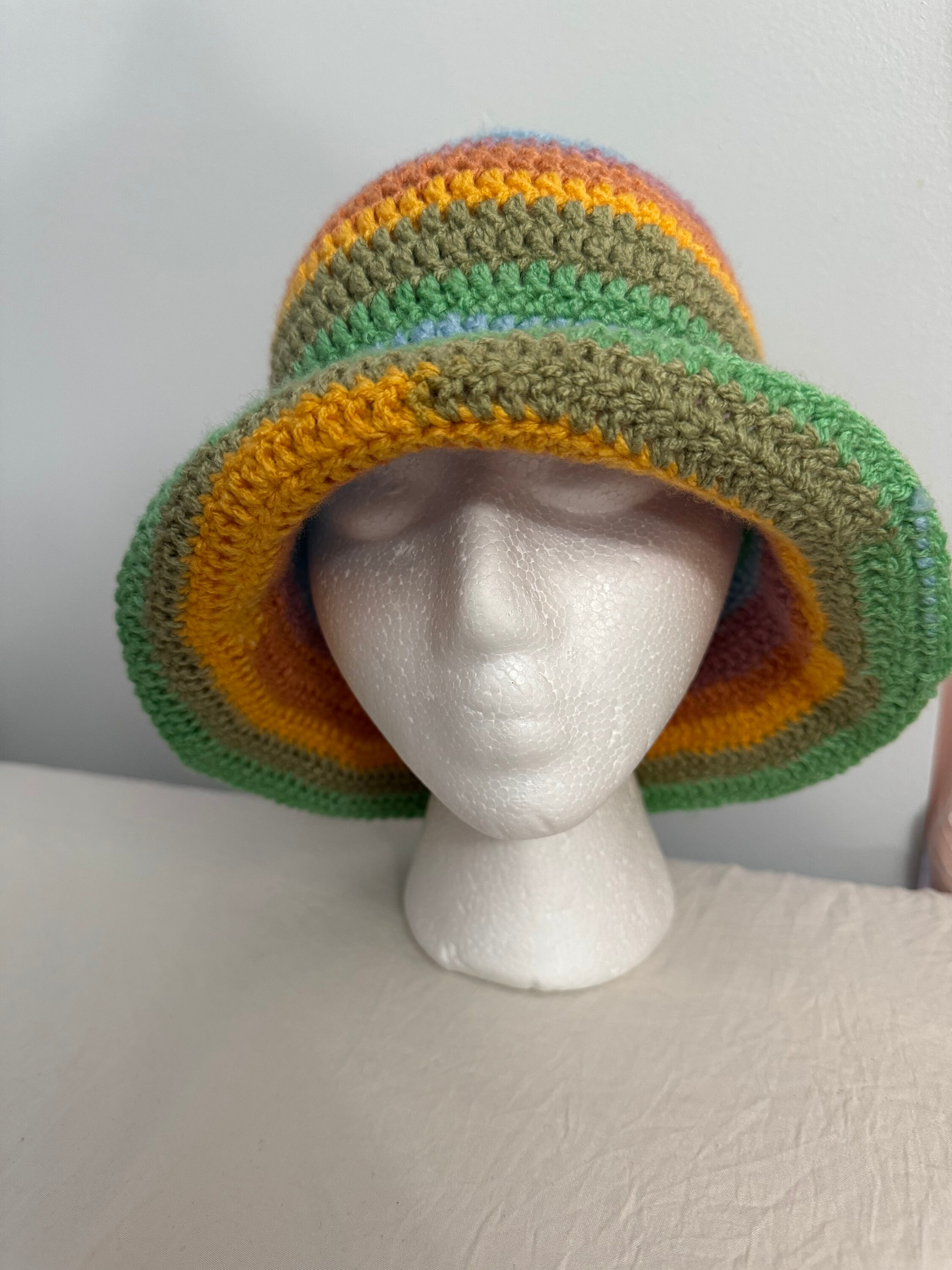 Pastel Rainbow Crochet Striped Bucket Hat - Blue main image 1