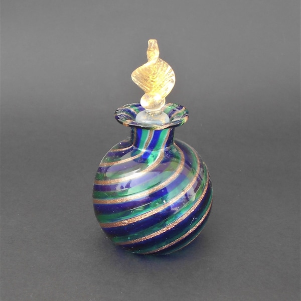 Beautiful green, blue and gold miniature bottle flask with lid likely Murano Venini Fazzoletto possibly by Fulvio Bianconi