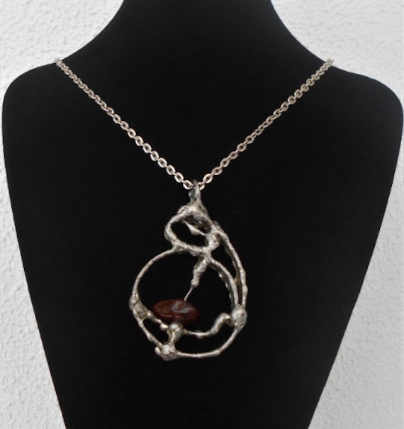 Vintage handmade large pewter & amber necklace mid