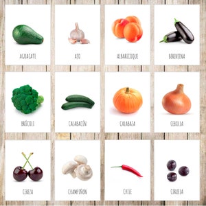 Frutas y verduras con fotos reales / 36 Tarjetas Montessori / Tarjetas de Nomenclatura / PDF Imprimible / Inglés Español Euskera Catalán