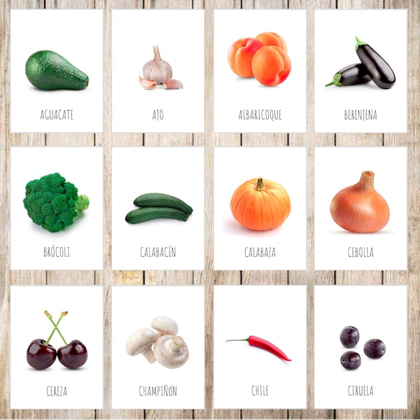 Frutas y verduras con fotos reales / 36 Tarjetas Montessori / Tarjetas de Nomenclatura / PDF Imprimible / Inglés Español Euskera Catalán