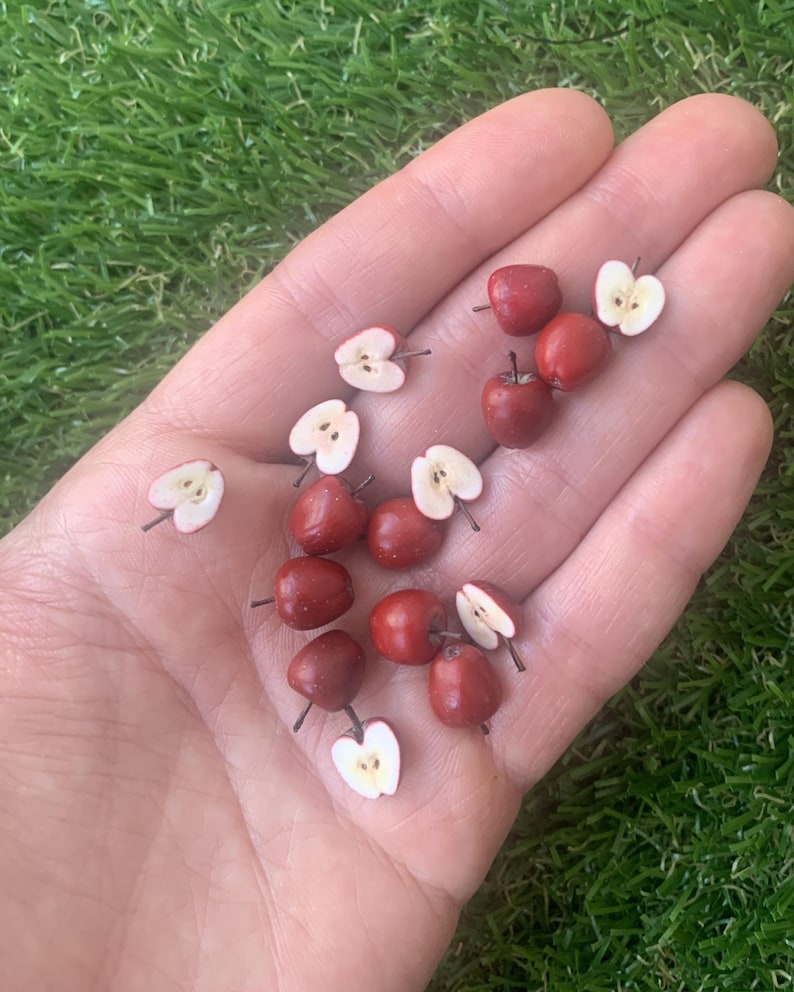 Pu&ograve; includere: Una collezione di mele rosse in miniatura e fettine di mela. Il set include diverse piccole mele rosse intere con piccioli marroni e molteplici fette trasversali che rivelano un interno color crema con piccoli semi marroni al centro.