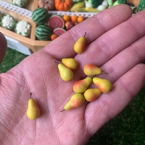 Pu&ograve; includere: Una collezione di nove pere in miniatura di colore giallo con sottili sfumature rosse e piccoli piccioli marroni. Queste minuscole repliche di frutta hanno una consistenza liscia e la forma di una pera standard, mostrate in un palmo.