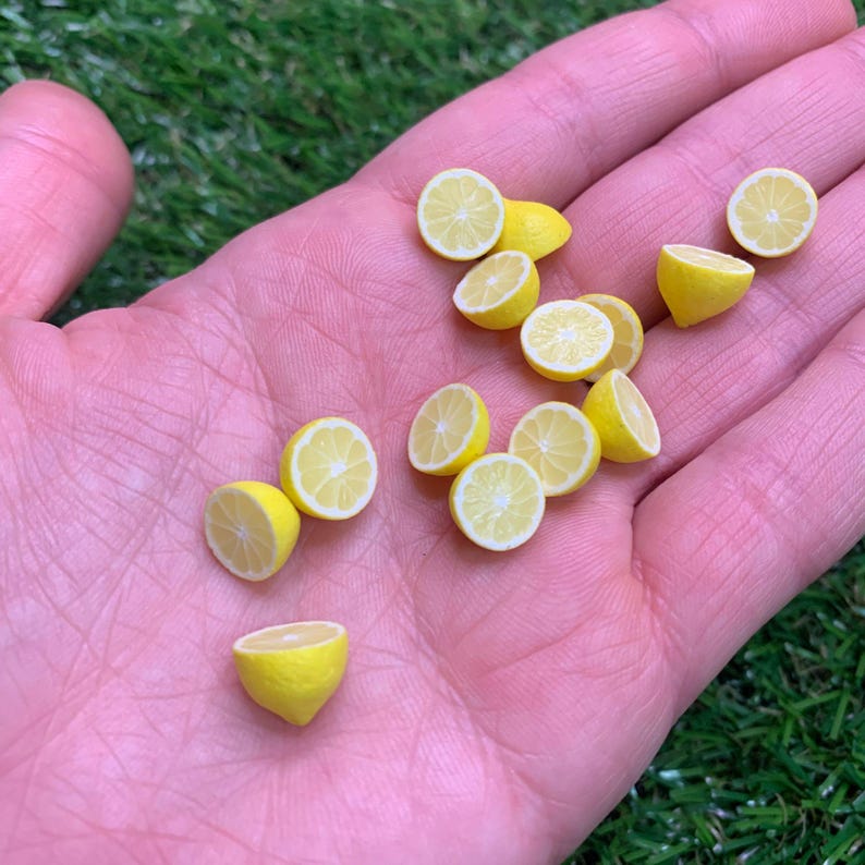 Pu&ograve; includere: Una collezione di fette e spicchi di limone gialli in miniatura. Ogni pezzo presenta una buccia giallo brillante e un interno giallo pi&ugrave; chiaro con segmenti visibili. Queste piccole repliche realistiche di agrumi sono sparse.