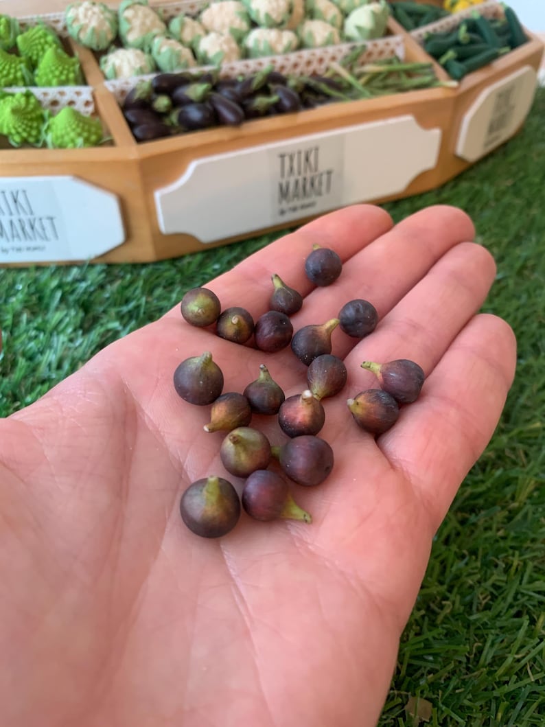 Pu&ograve; includere: Una collezione di piccole repliche di frutta in miniatura, rotonde e di colore viola scuro, tenute nel palmo di una mano. Sullo sfondo, un banco del mercato in legno con l'etichetta Txiki Market contiene varie altre statuine di frutta e verdura.