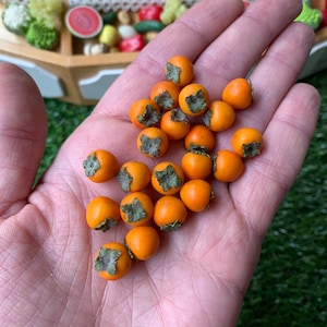 Pu&ograve; includere: Una collezione di miniature a forma di cachi arancioni, ognuna dotata di un piccolo calice testurizzato grigio-verde sulla parte superiore. Questi minuscoli oggetti rotondi, simili a frutti, sono lisci e dai colori vivaci e raggruppati.