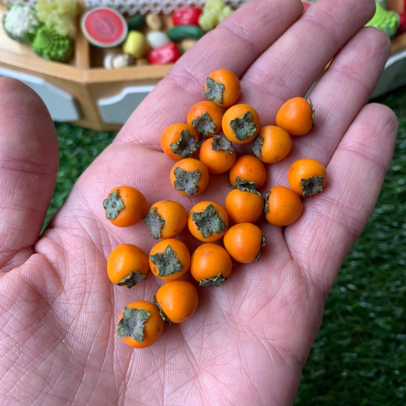 Pu&ograve; includere: Una collezione di miniature a forma di cachi arancioni, ognuna dotata di un piccolo calice testurizzato grigio-verde sulla parte superiore. Questi minuscoli oggetti rotondi, simili a frutti, sono lisci e dai colori vivaci e raggruppati.