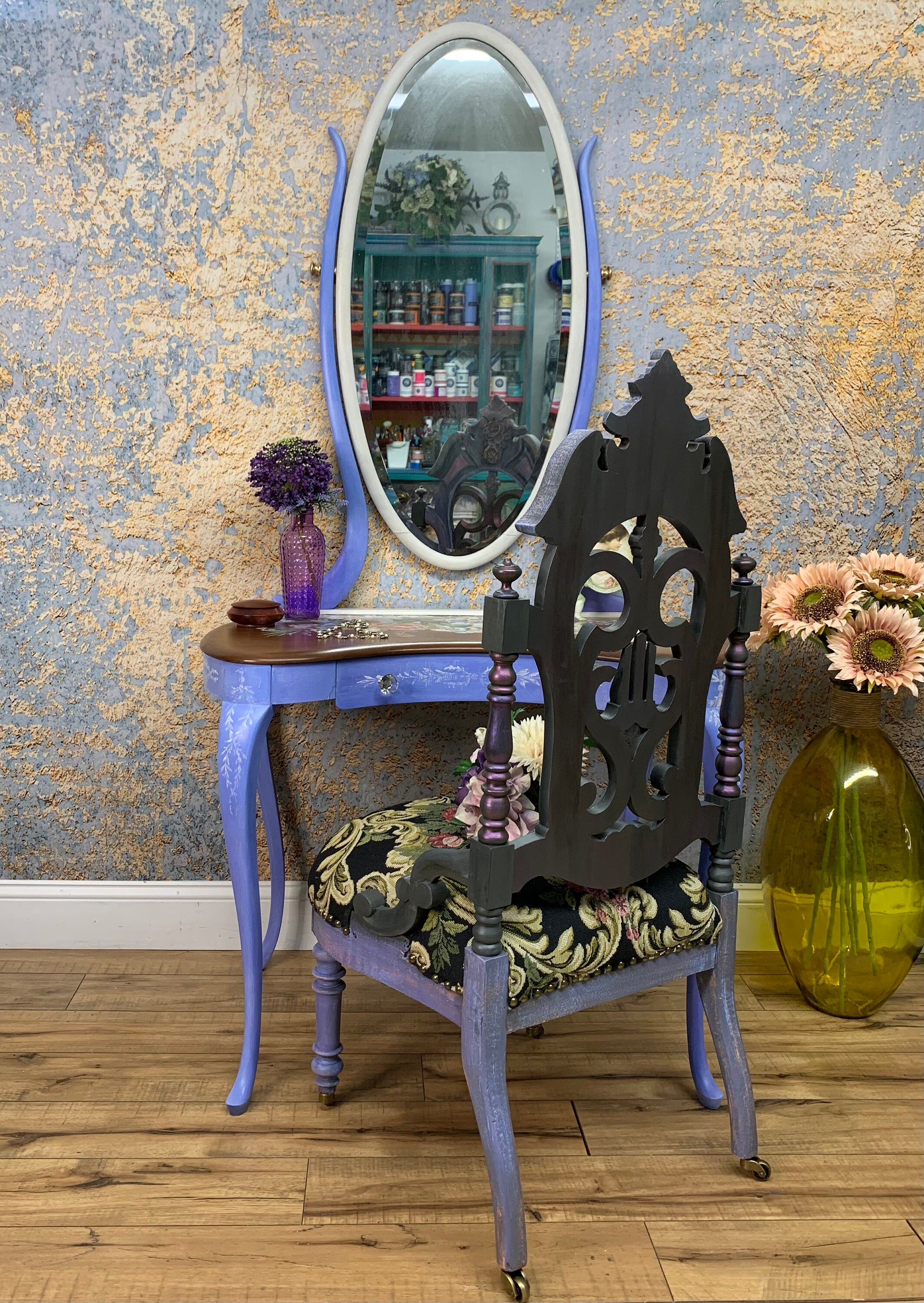 Makeup Vanity Table for Her Hand Painted Blue and White,antique With