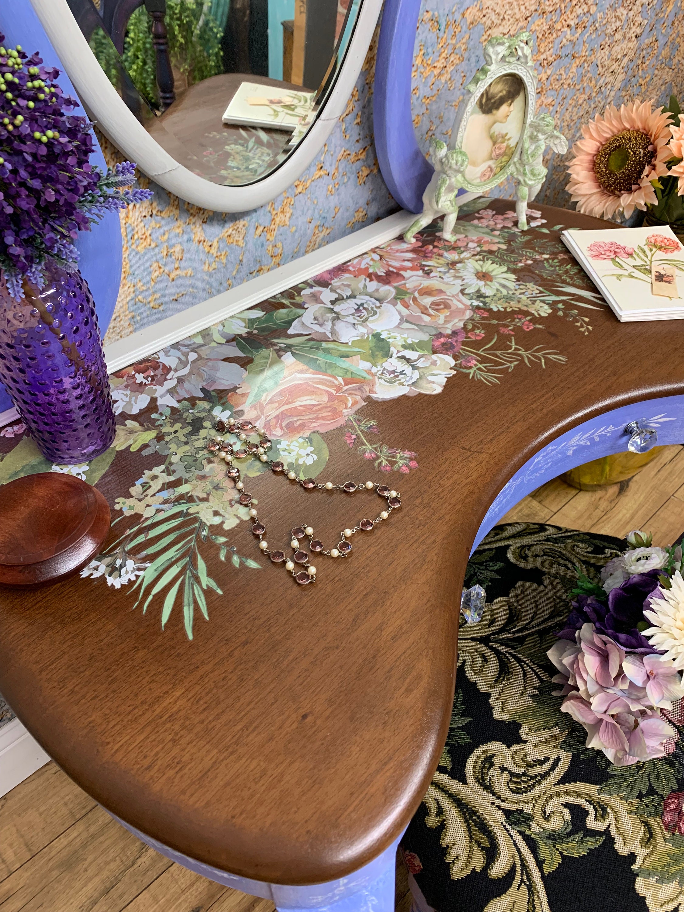 Makeup Vanity Table for Her Hand Painted Blue and White,antique With