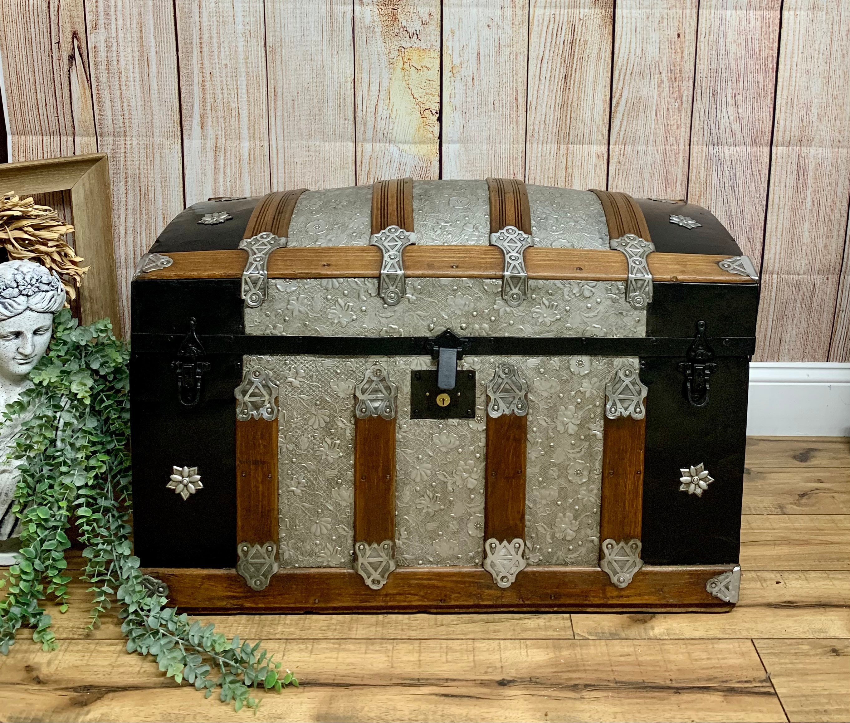 342 Restored antique steamer trunks for sale Victorian era - All Wood,  Leather and Pressed Tin - Dome Top, Flat Top, Roll Top