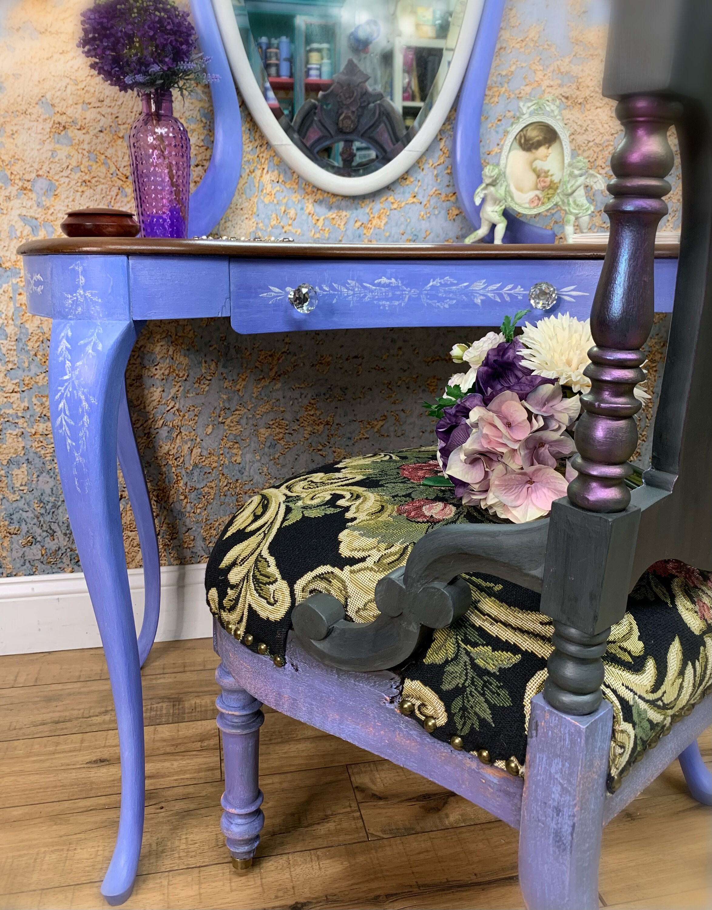 Makeup Vanity Table for Her Hand Painted Blue and White,antique With