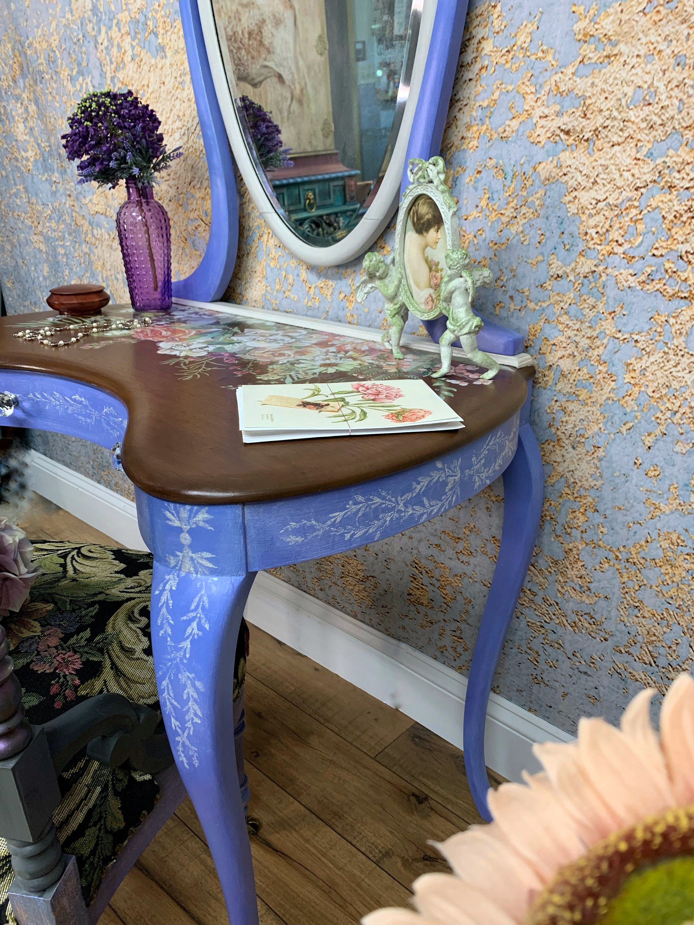 Makeup Vanity Table for Her Hand Painted Blue and White,antique With