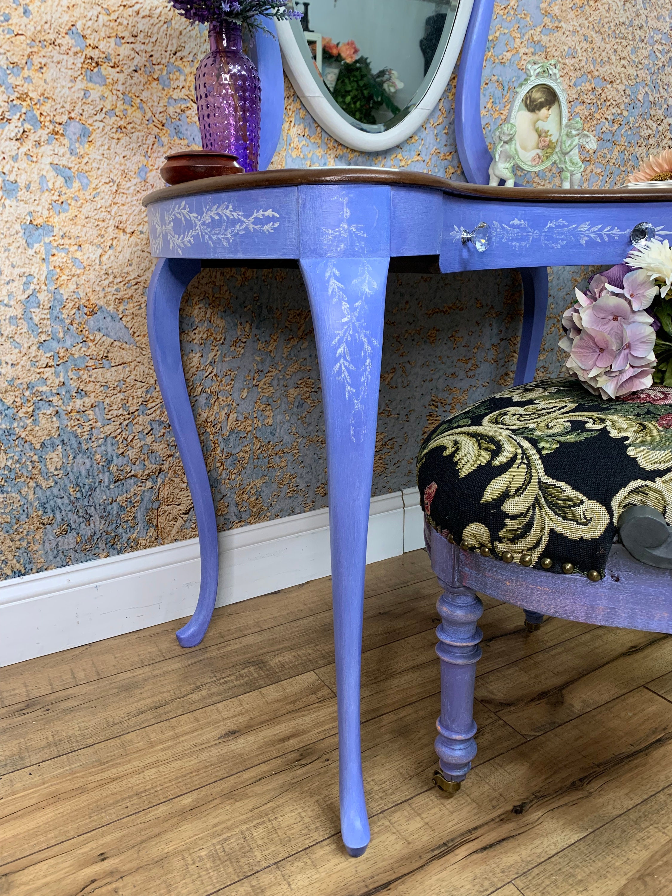 Makeup Vanity Table for Her Hand Painted Blue and White,antique With