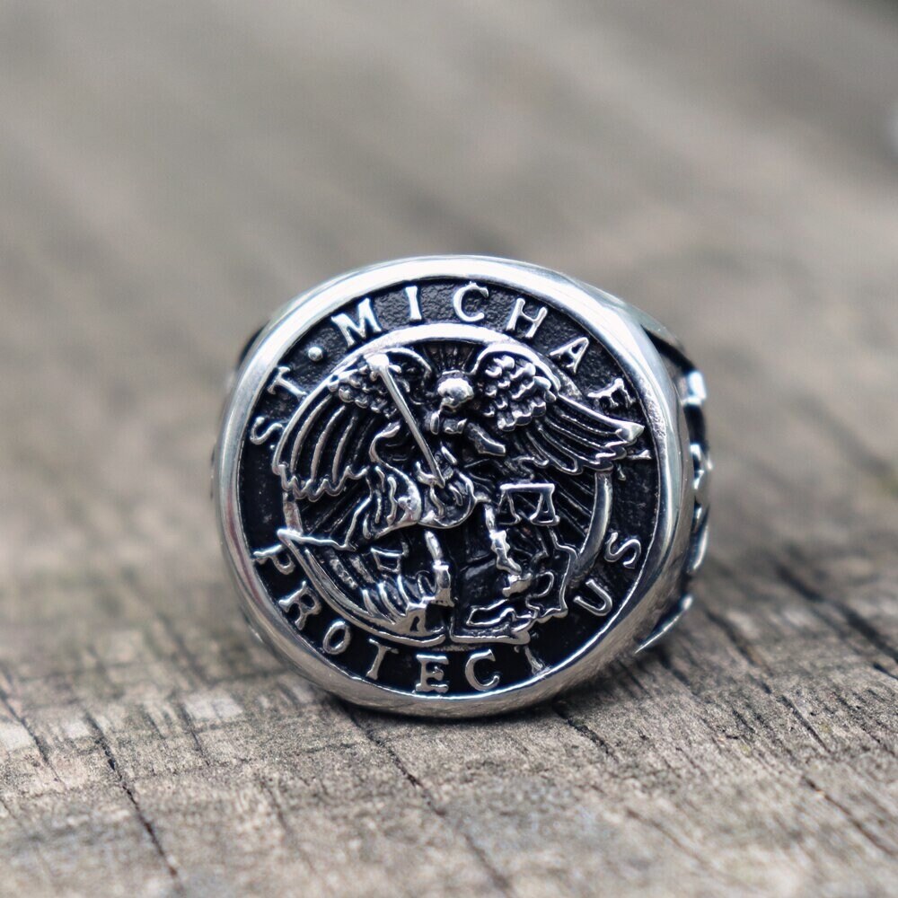 Biker ring Save and Protect Archangel Biker Rings Mens Knigts Etsy