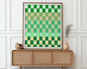 Impressão artística com padrão quadriculado verde - Decoração de parede moderna (Download digital)