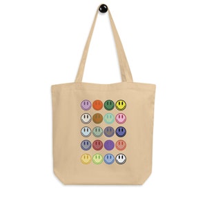 Smiley Face Tote Bag - Rainbow Smiley - Trendy Tote Bag - Funky - Cute Eco Canvas Tote - Reusable Bag - Sustainable Bag - Eco Fashion