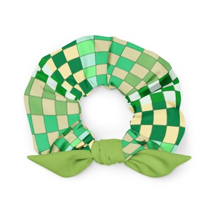 Green Scrunchies - Checkerboard Hair Accessory - Oversized Scrunchie - Big Scrunchie - Scrunchie With Bow - Eco Friendly Accessory
