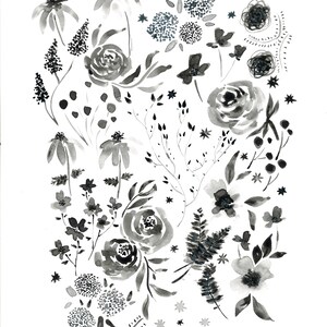 Flower, wall art, printable, printable art, wall decor, boho, neutral, leaves, digital print, ink flower, ink drawing, black and white