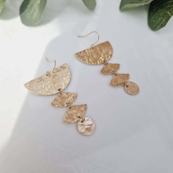 Beaten Brass Earrings in the UK, Abstract Hammered Statement Earrings, Geometric Earrings, Gold Brass Dangle Earrings, Half Moon Earrings