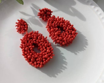 Red Seed Bead Earrings,Red Beaded Statement Earrings, Red Jewellery, Oversized Red Earrings, Red Dangle Hoop Earrings, Red Bead Earrings ,UK