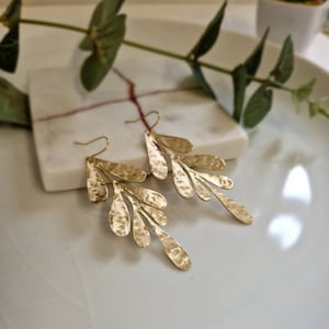 Beaten Brass Leaf Earrings Gold, Hammered Statement Earrings, Hook Earrings,Tropical Jewelry, Leaves,Delicate and Elegant, Nature Earrings