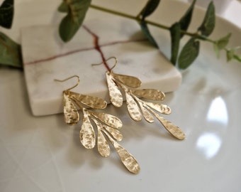 Beaten Brass Leaf Earrings Gold, Hammered Statement Earrings, Hook Earrings,Tropical Jewelry, Leaves,Delicate and Elegant, Nature Earrings