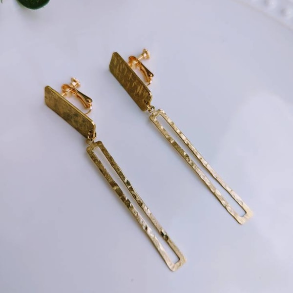 Gold Bar Clip On Earrings, Clip On Drop Earrings, Non Pierced Earrings, Clip On Earrings, Stick, Clip Earrings,Brass Clip On Rectangle, UK