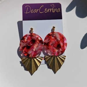 Red Tortoiseshell Earrings Dangle Resin Earrings Brass Earrings Tortoise Shell Disc Round Drop Earrings Gift For Her Uk Valentine Earrings