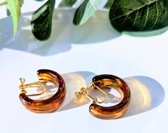 Clip On Hoops Brown , Amber Hoop Earrings ,Resin  transparent Hoop , Non Pierced Earrings ,dear corrina ,Acrylic Clip on  Hoop Earrings, UK