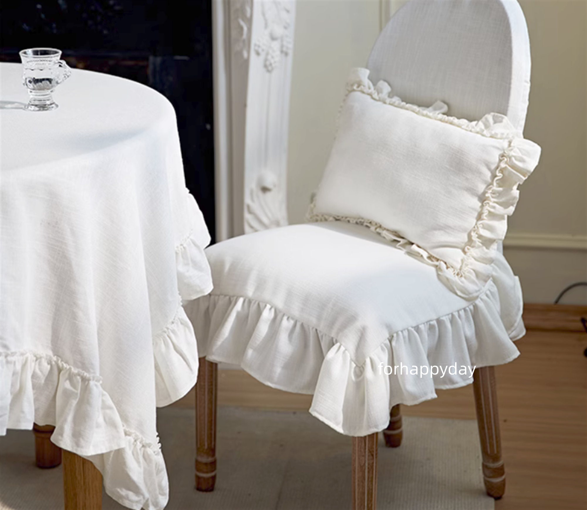 Customized Dining Chair Cover Cotton Linen Ruffle Chair Cover Oval Back Slipcovers Chair Cushion