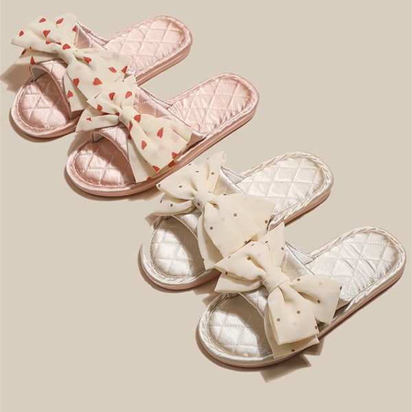 satin home slippers - women's indoor slippers - cute bow shoes - pink love slippers - student slippers