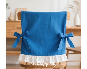 Custom Blue Cotton Chair Back Cover - Ruffle Tie Design